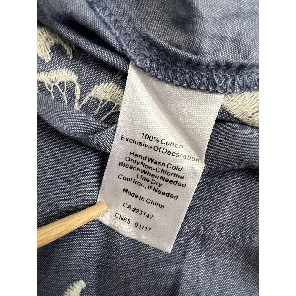 Talbots Blue Cotton Chambray Dress 16 XL Smocked Neck Floral Embroidered Hem - Picture 4 of 7